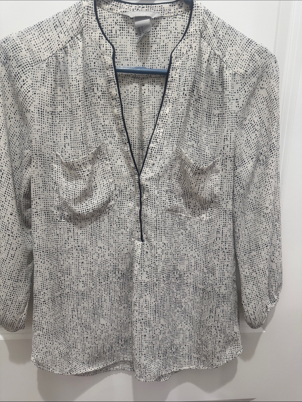 H&M White Blouse with Black Dot Print and Black Trim